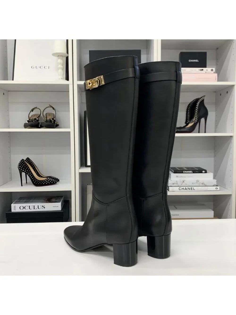 Hermes Story 50 Kelly Leather Long Boots Black